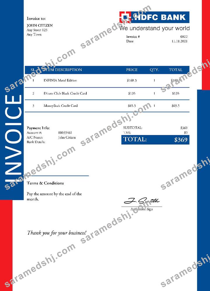 USA HDFC invoice template